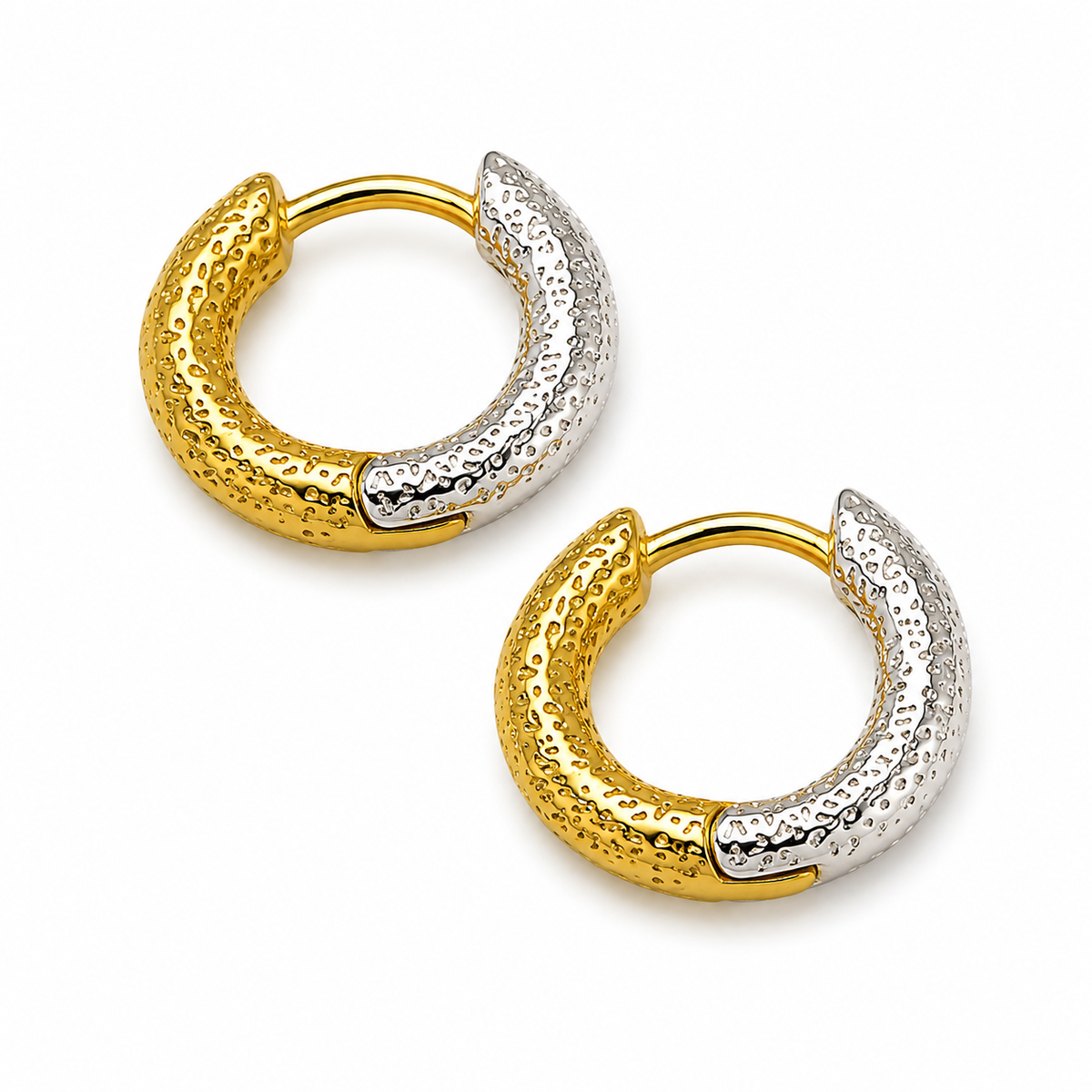 Two-Tone Textured Huggie Hoops | Hammered Gold & Silver Huggies