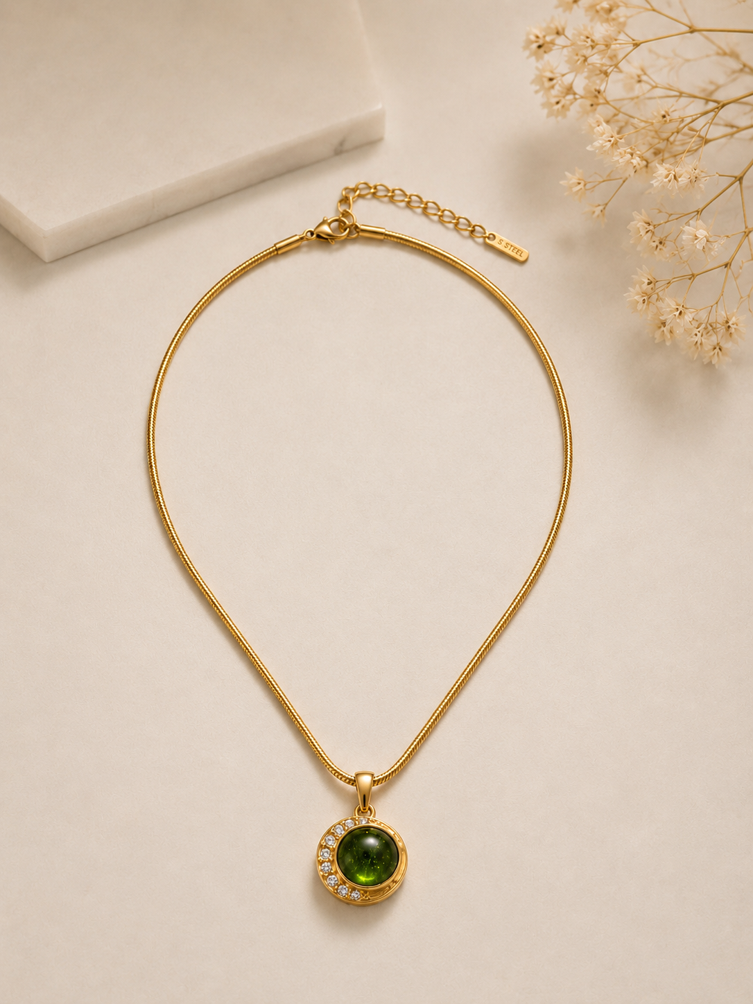 Verdant Moon Green Cabochon Necklace