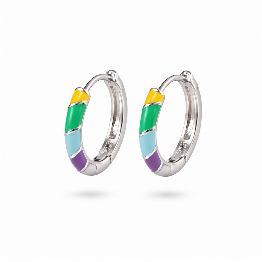 Vibrant Rainbow Enamel S925 Silver Huggie Hoops | Multicolor Sterling Silver Huggies
