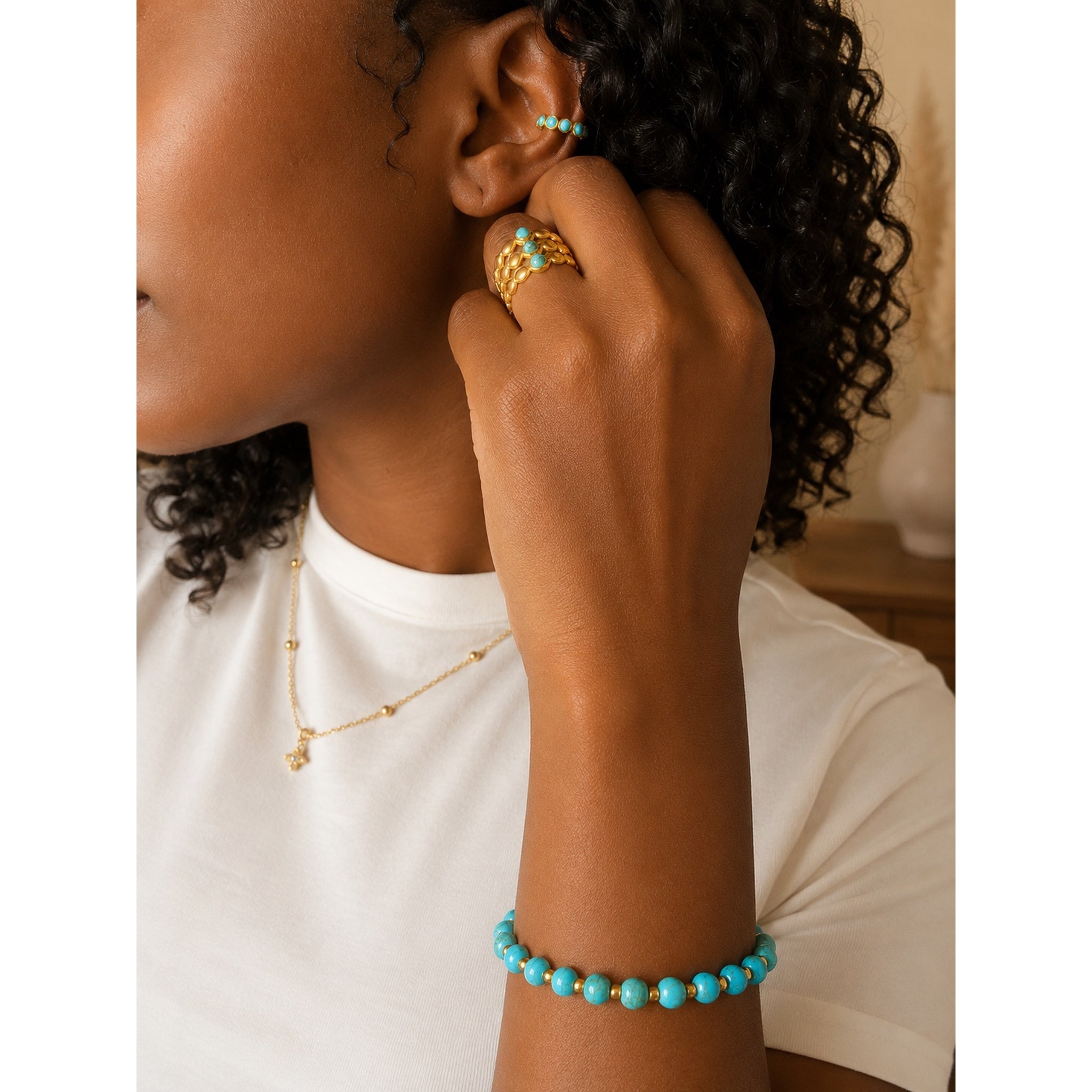 Gold PVD Triple Band Turquoise Ring | Waterproof