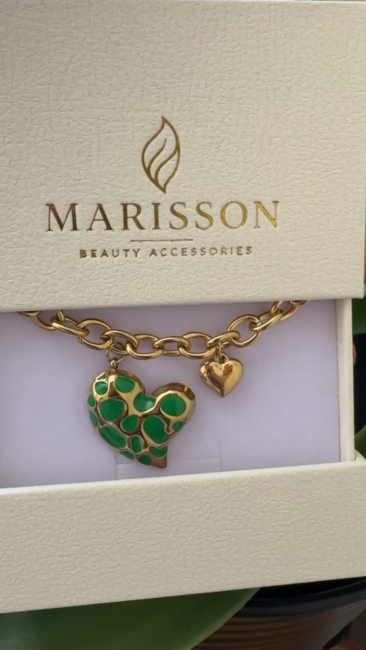 Green Enamel Heart Charm Chain Necklace | Waterproof Gold