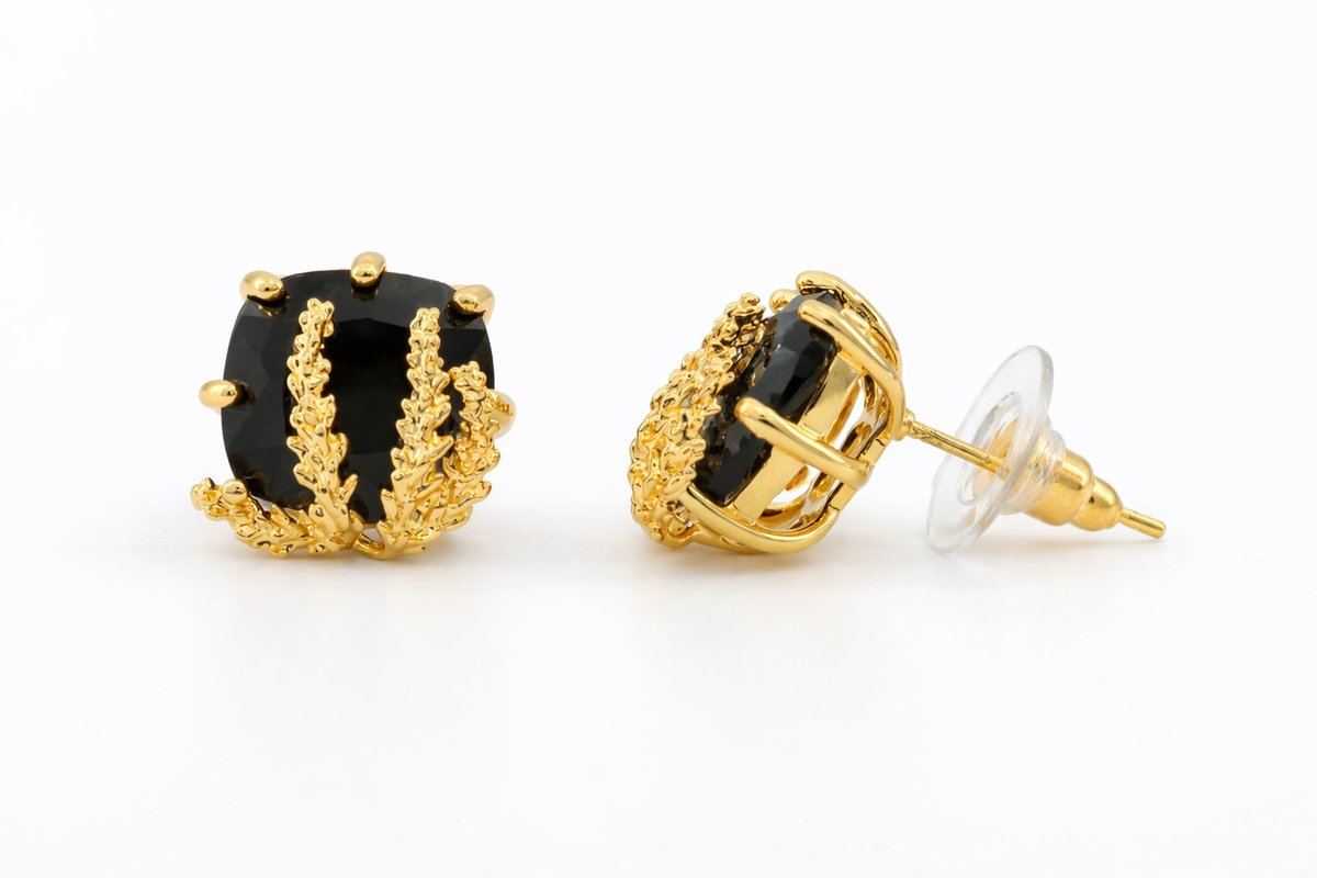 Obsidian Coral Studs in Gold & Black