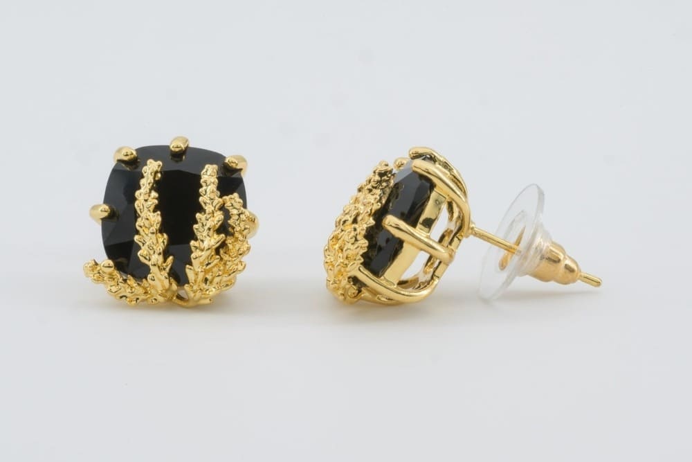 Obsidian Coral Studs in Gold & Black